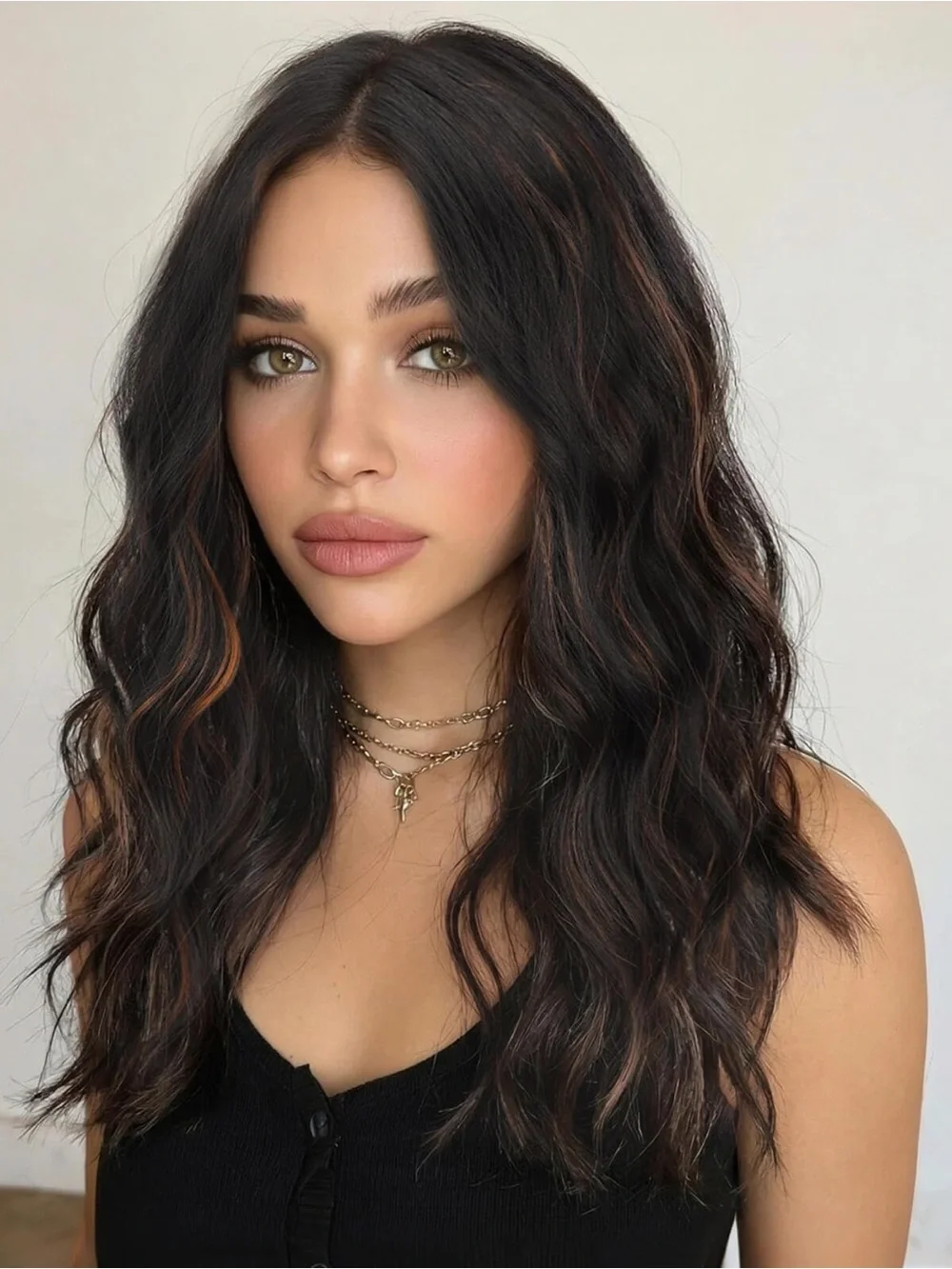 Wavy Layered Women's Hair with Subtle Brown Highlights - Black